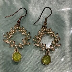 Antique Gold Laurel Wreath Drop Earrings with Green Stone